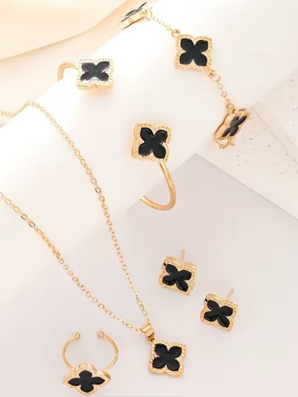 Gold Plated Black Clover Pendant Necklace and Jewelry Set